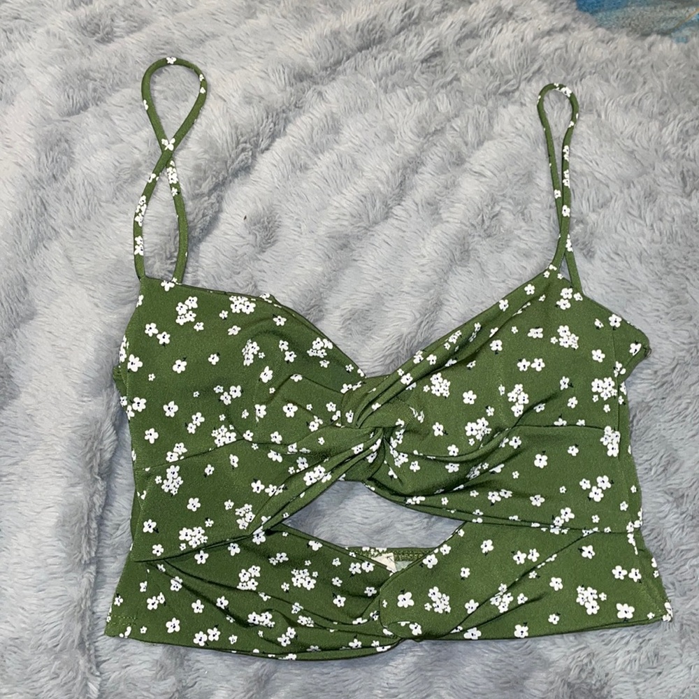 Adjustable tie-back green floral tank